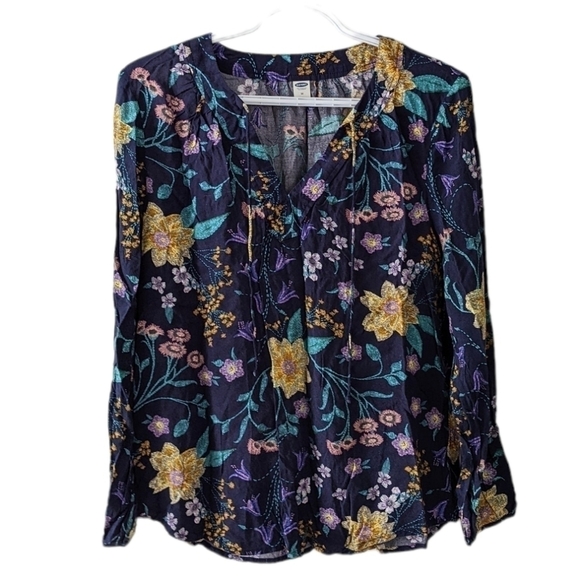 Old navy 100% rayon viscose green blue lace front floral shirt blouse top Medium - Picture 1 of 7